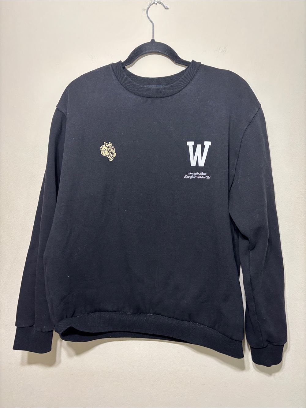 Darc Sport Black Crewneck Sweater with White W and Gold Crest
